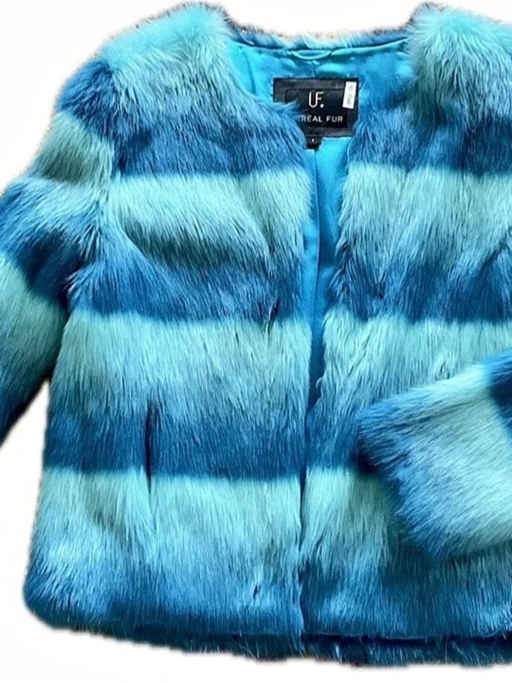 U.F. Blue Striped Faux Fur Jacket Like New